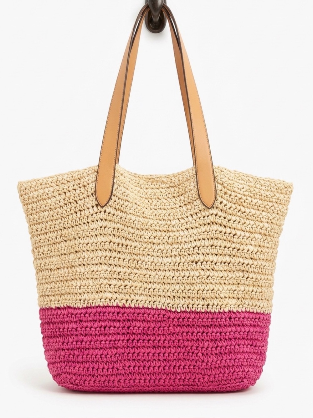 Banana Republic Two-Tone Straw Beach Tote Bag in Natural and Fuchsia